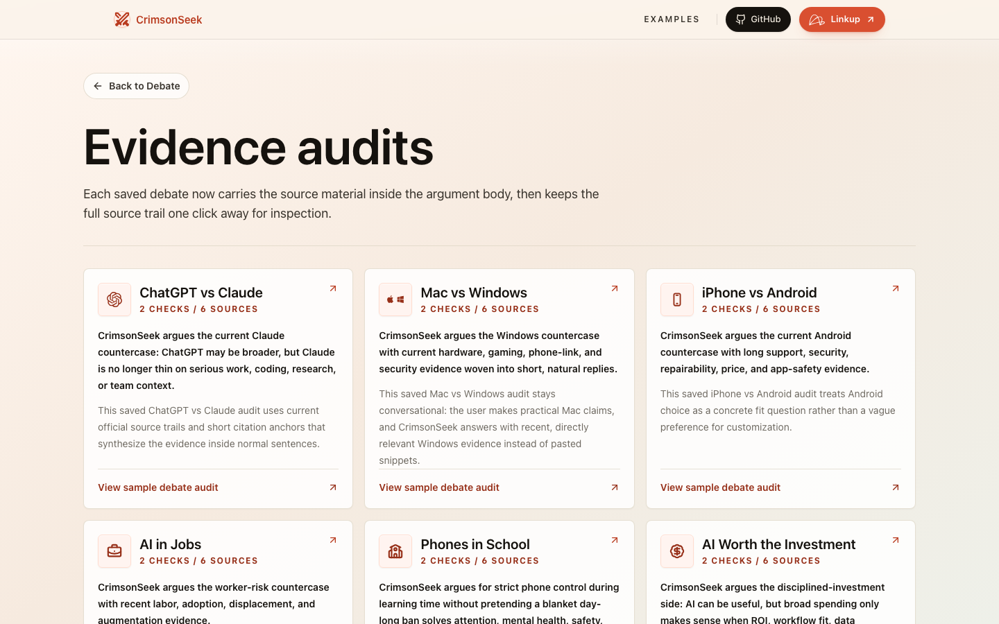 CrimsonSeek evidence audits page