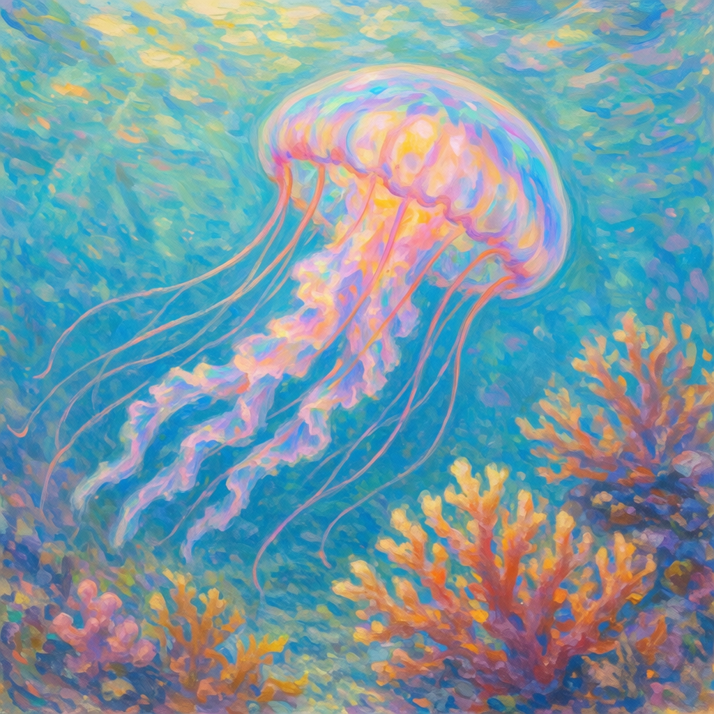 An impressionist jellyfish floating above colorful coral