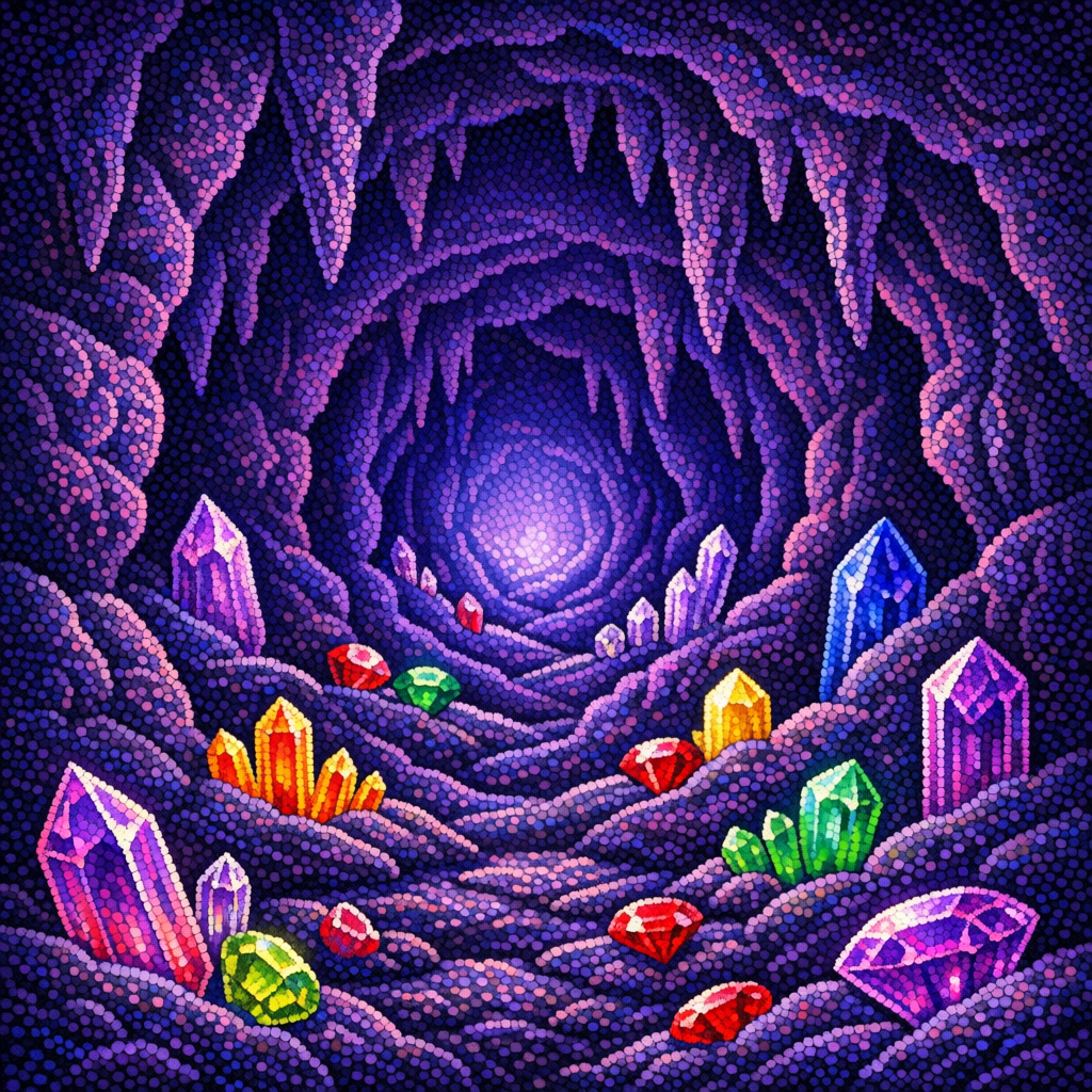 A pointillist crystal cave in luminous purple