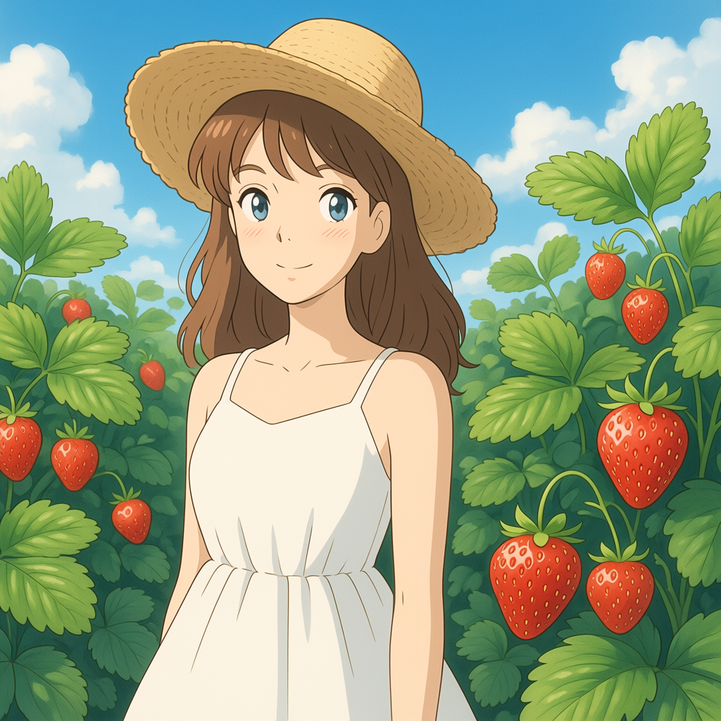 A storybook anime portrait in a strawberry garden