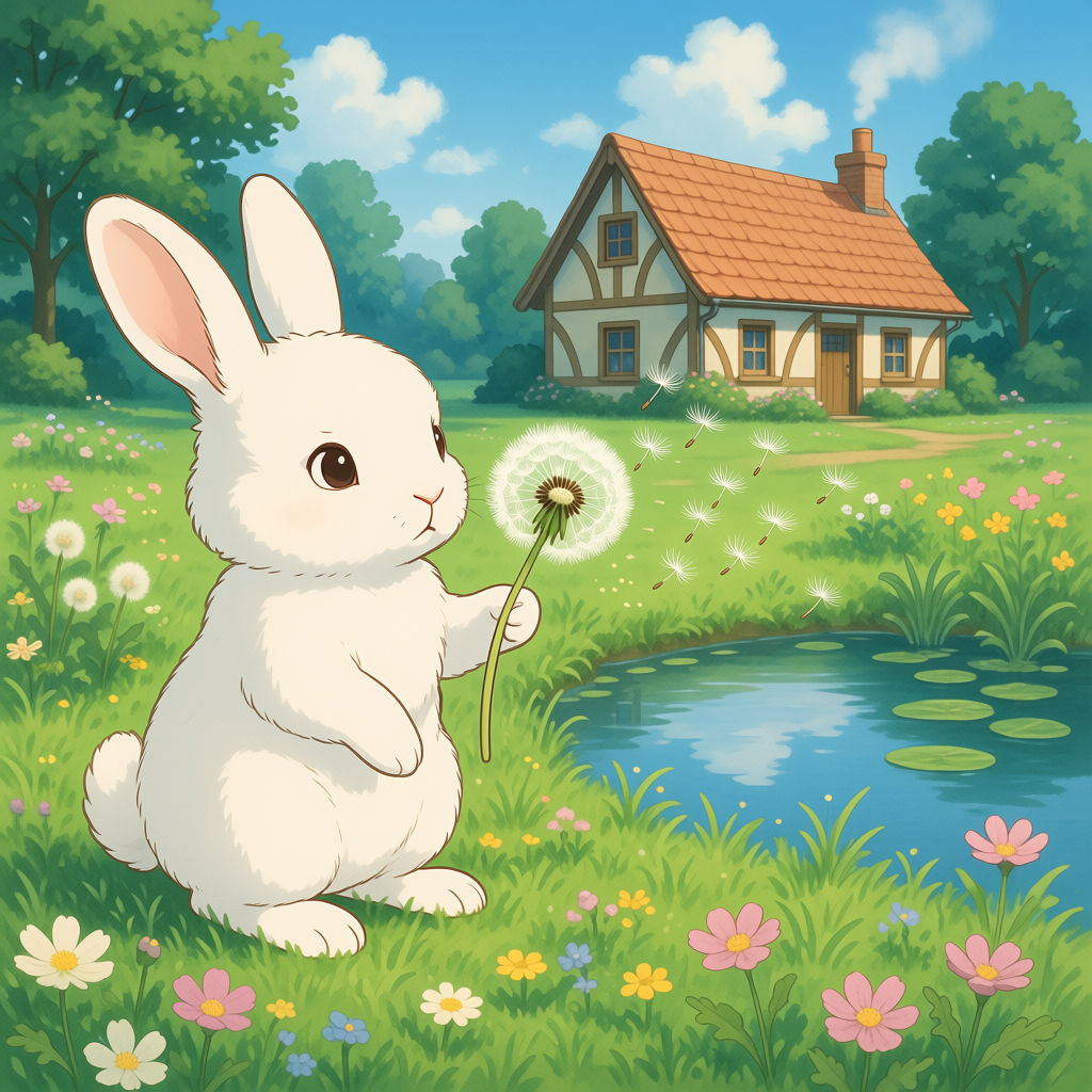 A storybook rabbit holding a dandelion by a pond