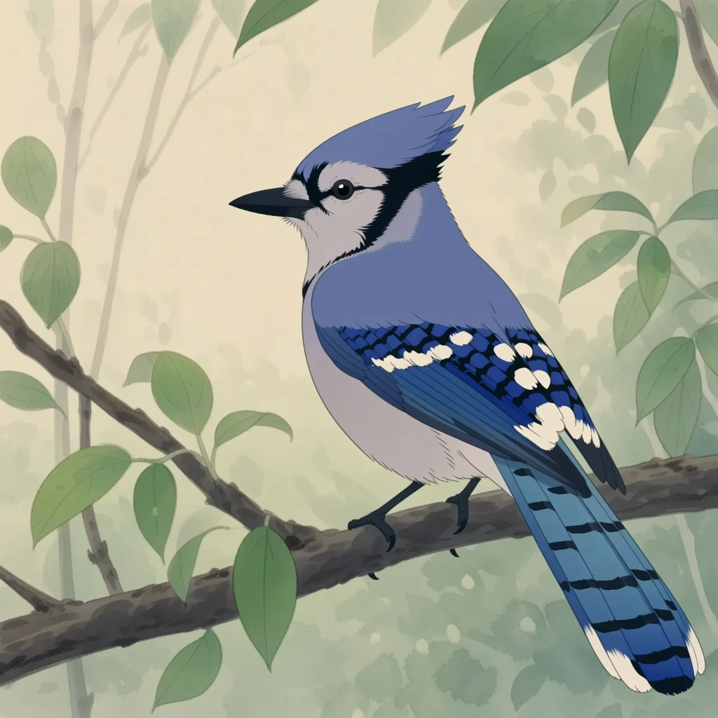 A watercolor blue jay perched on a branch