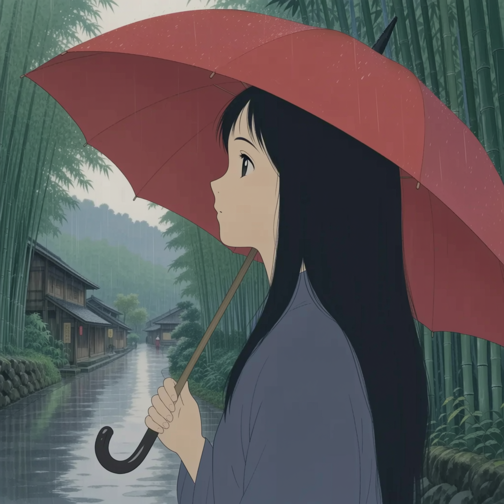 A watercolor portrait beneath a red umbrella in the rain