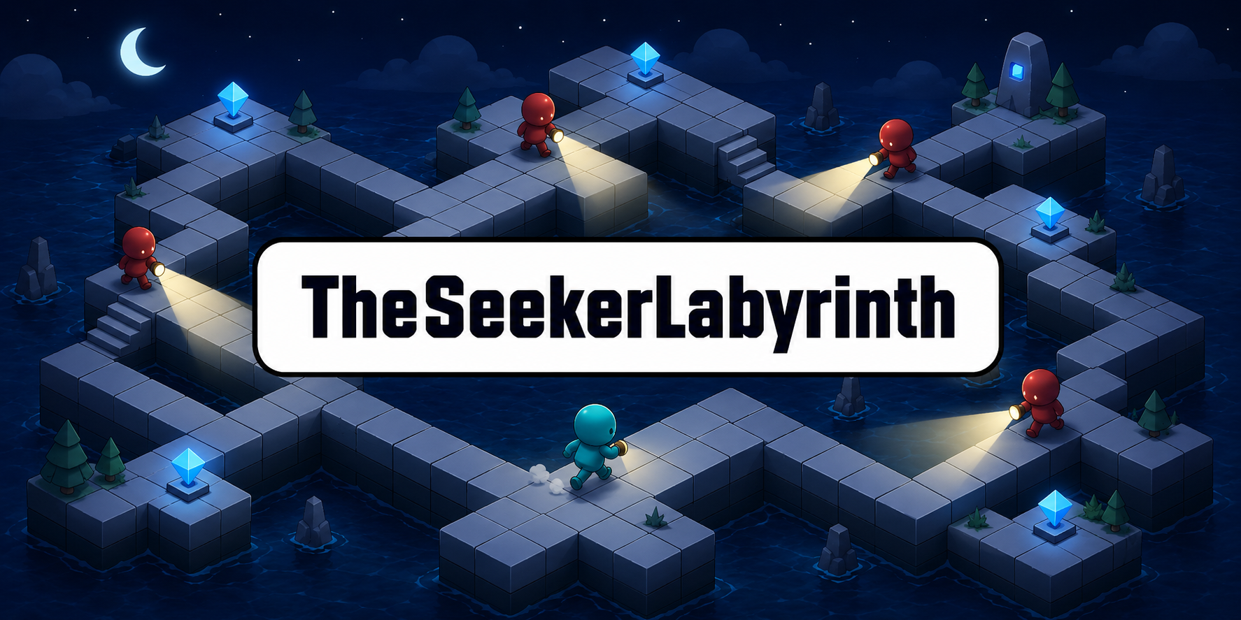 The Seeker Labyrinth artwork showing an isometric night maze and flashlight-wielding characters